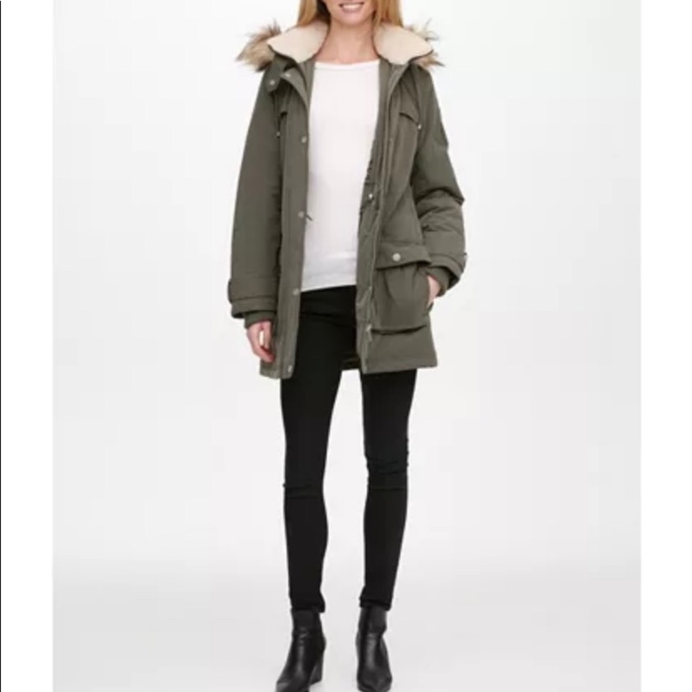 DNKY Faux-Fur Trim Hooded Coat Olive